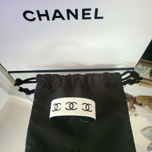 CHANEL White and Black CC Motif Cuff Bracelet
